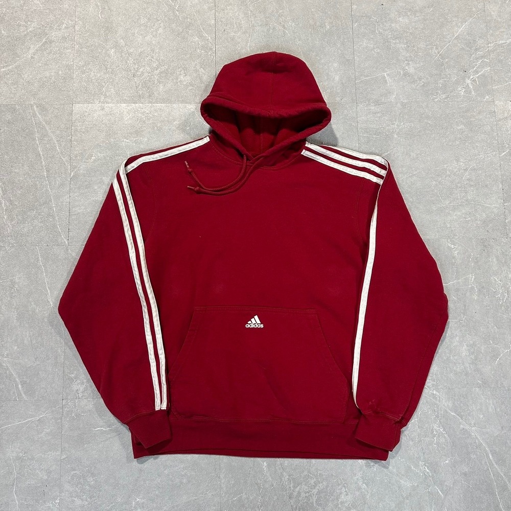 Adidas Mens 3-Stripe Pullover Hoodie Red Fleece Sweatshirt Logo 4861